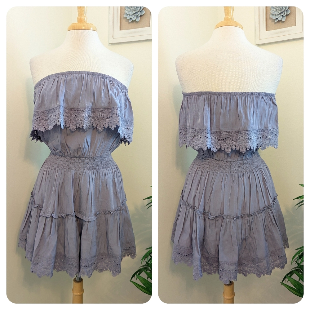 MOD Strapless Lace Smocked Waist Fit & Flare Mini Dress Purple Medium